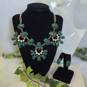 Statement Gold and Green Necklace with Earrings Set